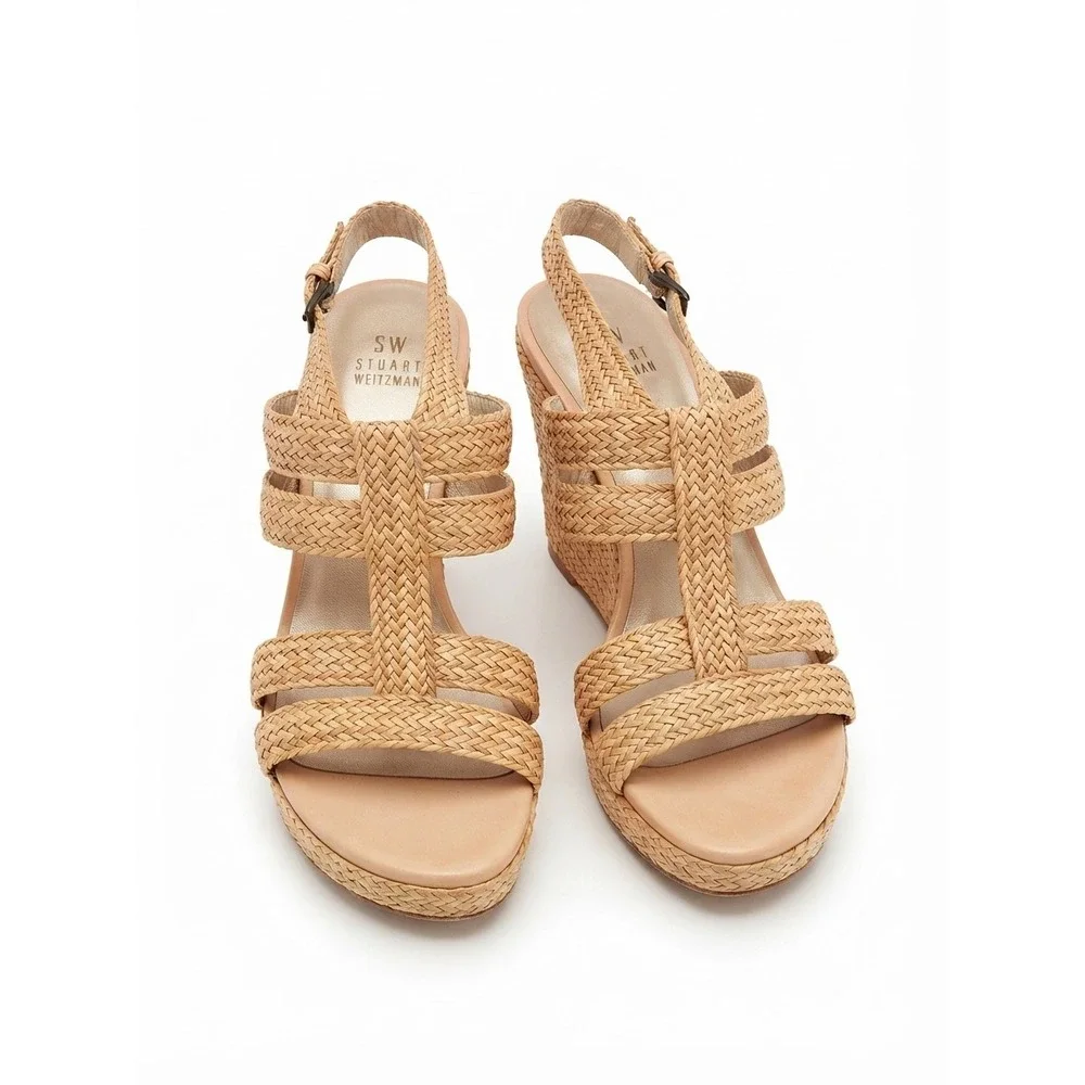 Stuart Weitzman Bohemian Tan Woven Raffia Wedge Resortwear Sandals Womens 8.5 M